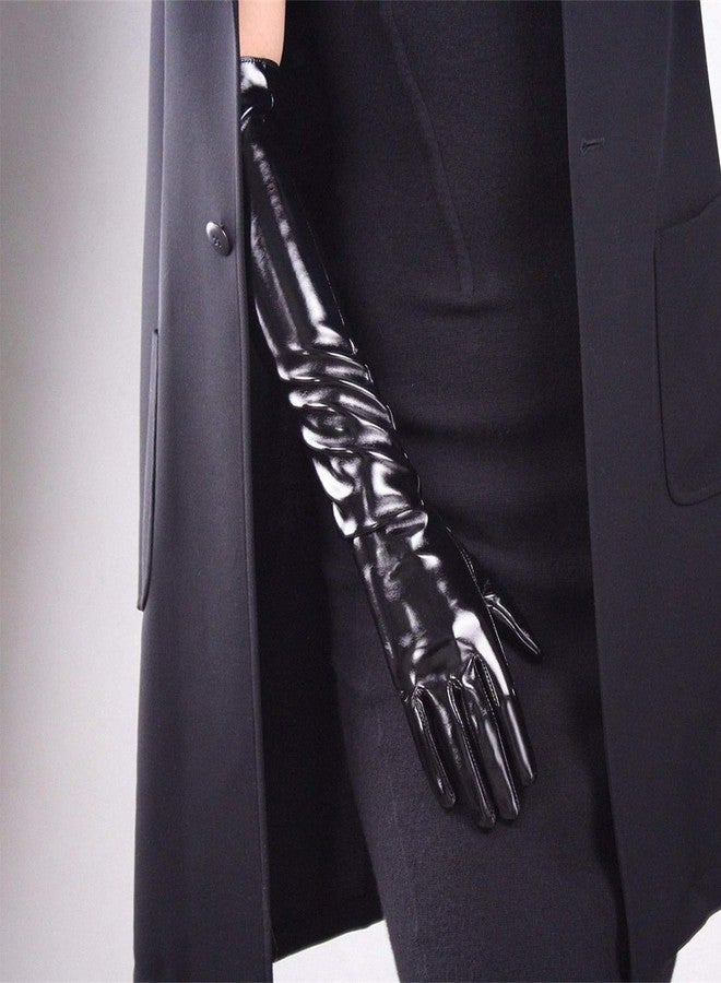 DooWay Black Long Latex Gloves Faux Patent PU Wet Look 20-inches Opera Party Evening Gloves - Image 3